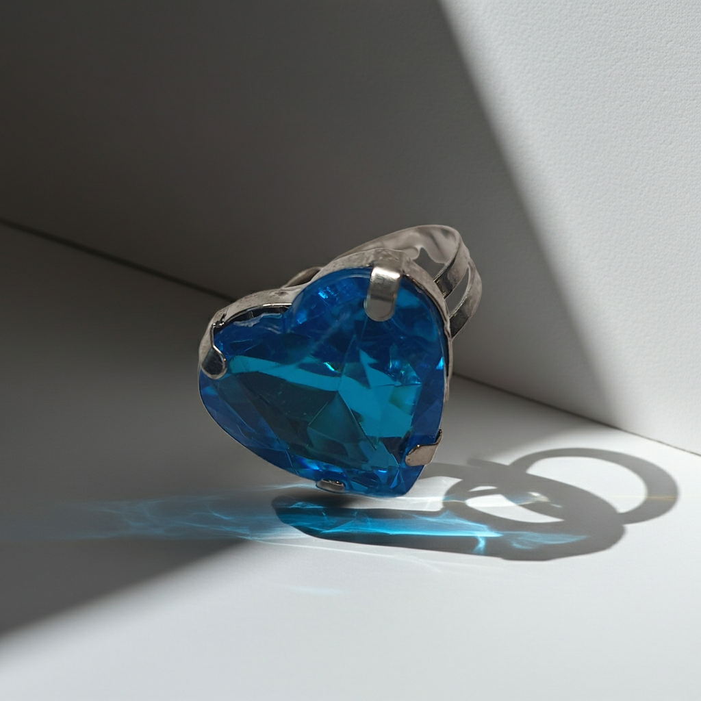 Srebrny pierścionek z dużym niebieskim kamieniem w kształcie serca, metal, szlifowany kamień o morskim odcieniu, styl romantyczny glamour, regulowany rozmiar, Rouge Bizu.