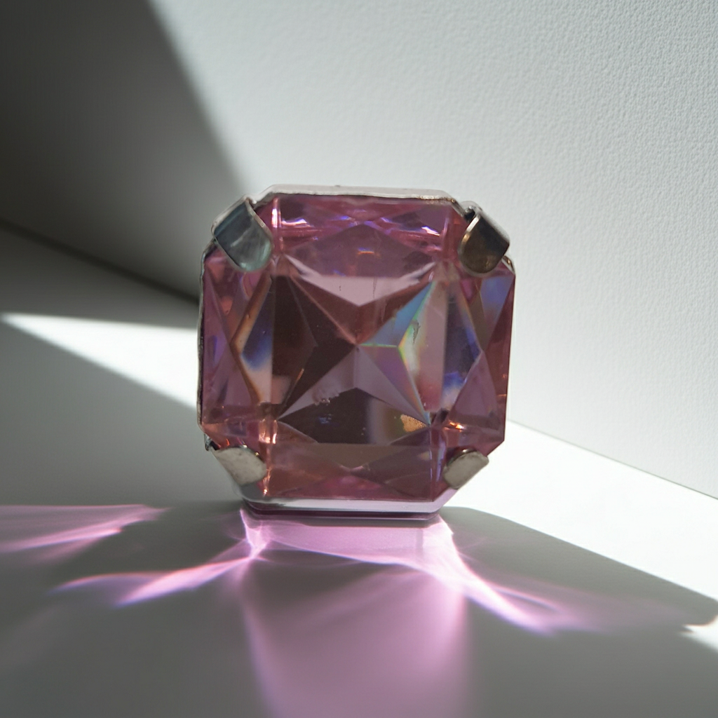 Srebrny pierścionek z różowym kamieniem w szlifie kwadratowym, romantyczny styl, błyszczący kamień, delikatna biżuteria, metal, regulowany rozmiar, Rouge Bizu.