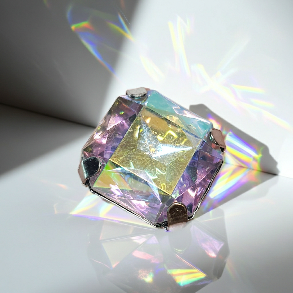 Srebrny pierścionek z dużym wielokolorowym prostokątnym kamieniem, metal, szlifowany kamień o tęczowym połysku, styl glamour, regulowany rozmiar, Rouge Bizu.