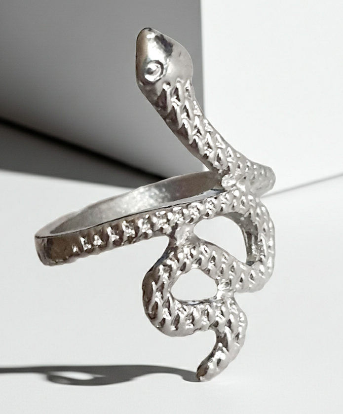 Srebrny pierścionek ze stali nierdzewnej i chirurgicznej w kształcie węża z fakturą łusek, styl artystyczny i symboliczny, rozmiar 16 mm. Wodoodporny, hipoalergiczny, jakość premium. Rouge Bizu.