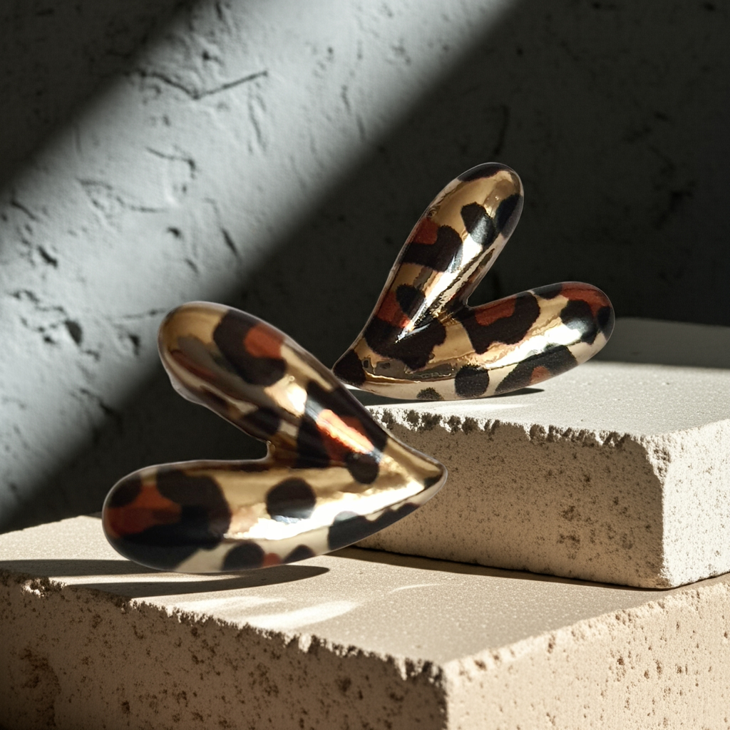 Kolczyki złote w kształcie serc 2 cm, zdobione wzorem panterki w czerni i brązie, stal nierdzewna, Rouge Bizu. #bizuteria #biżuteriapozłacana #stalnierdzewna #stalchirurgiczna #platerowane18k #wodoodporne #hipoalergiczne #retro #vintage  #rougebizu