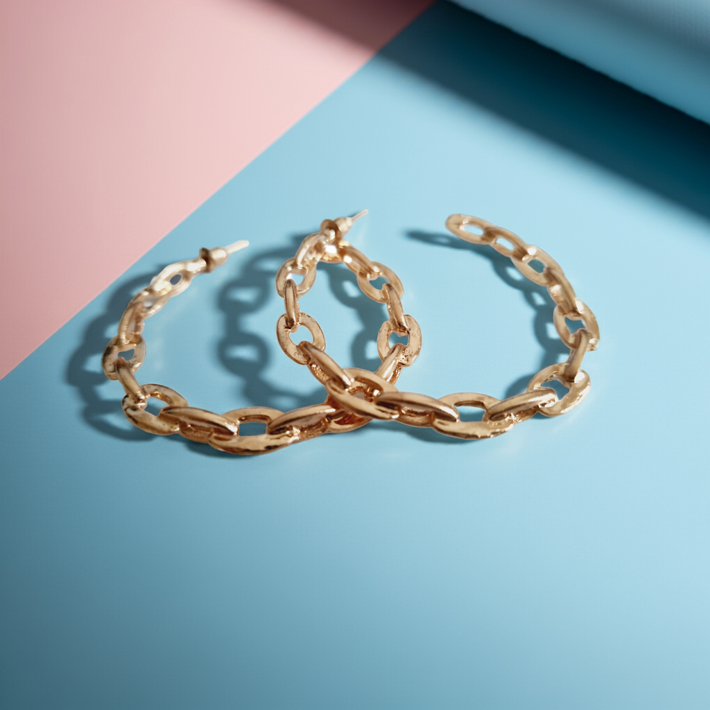 Złote kolczyki  ze stali nierdzewnej, chirurgicznej w formie ogniw łańcucha ułożone w kształt koła. klasyczne hoopsy z nutką rebelii. rougebizu
