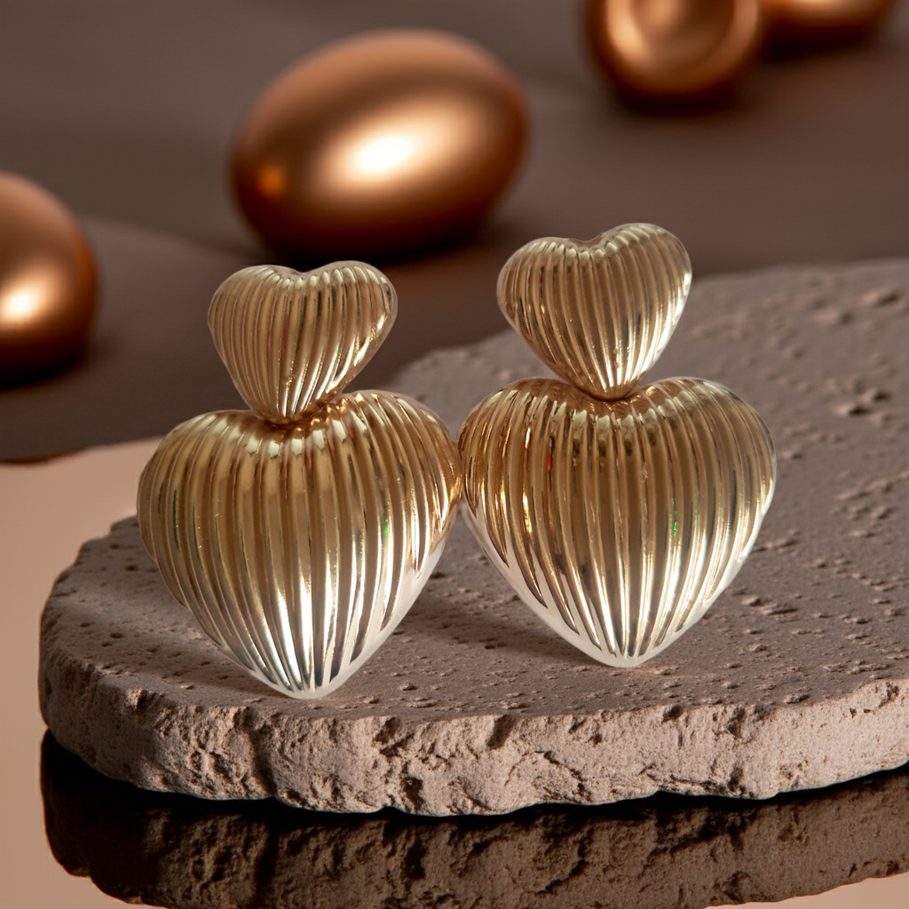 Złote kolczyki w kształcie serc, duże i eleganckie, ze żłobieniami nadającymi im wyjątkowego blasku. Wykonane ze stali nierdzewnej. Rouge Bizu.