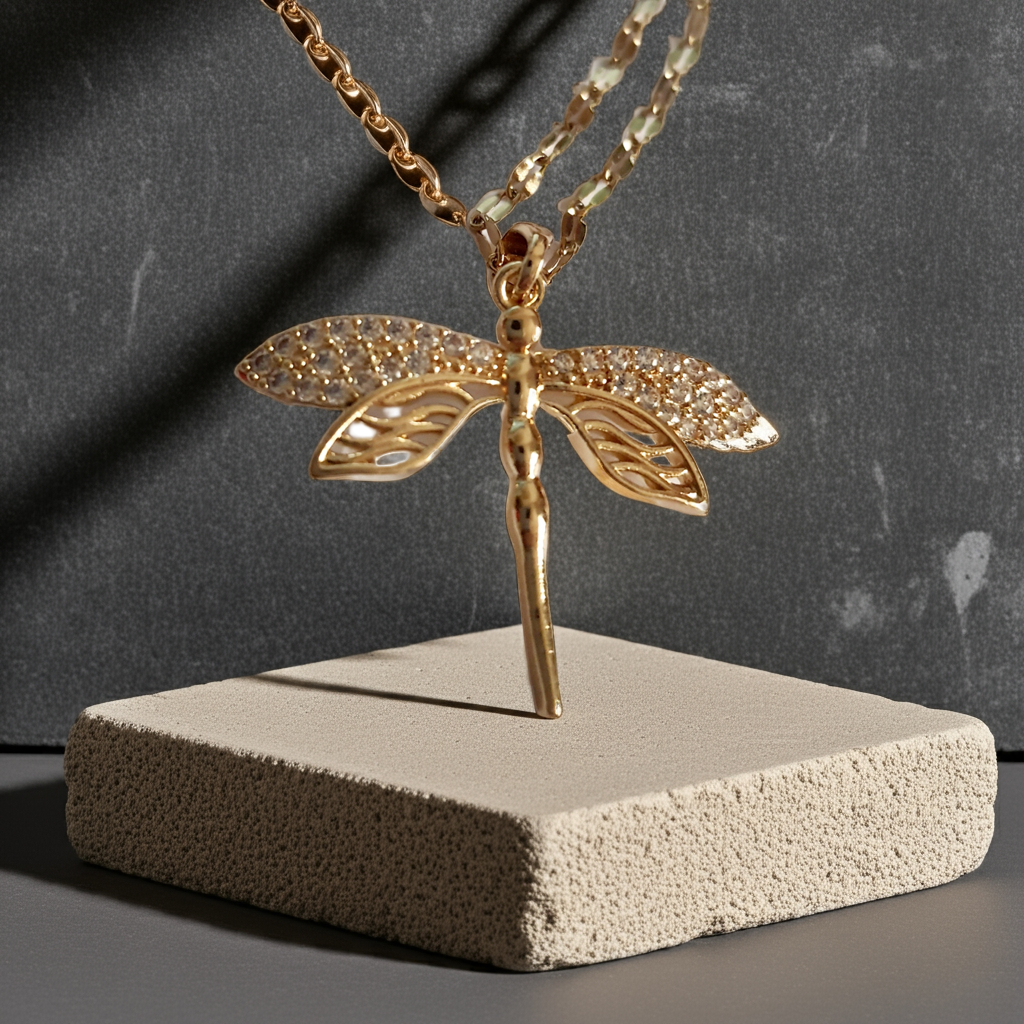 Złoty łańcuszek z zawieszką w kształcie ważki ozdobionej cyrkoniami, długość 41-47 cm.
