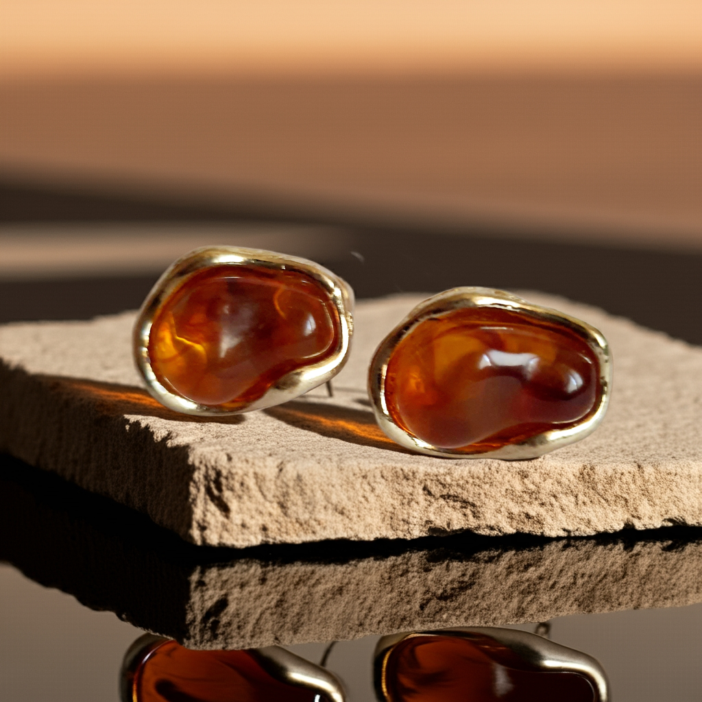 Kolczyki złote z bursztynowym akcentem, nieregularna organiczna forma, stal nierdzewna, stal chirurgiczna, elegancja i artystyczny styl, Rouge Bizu.