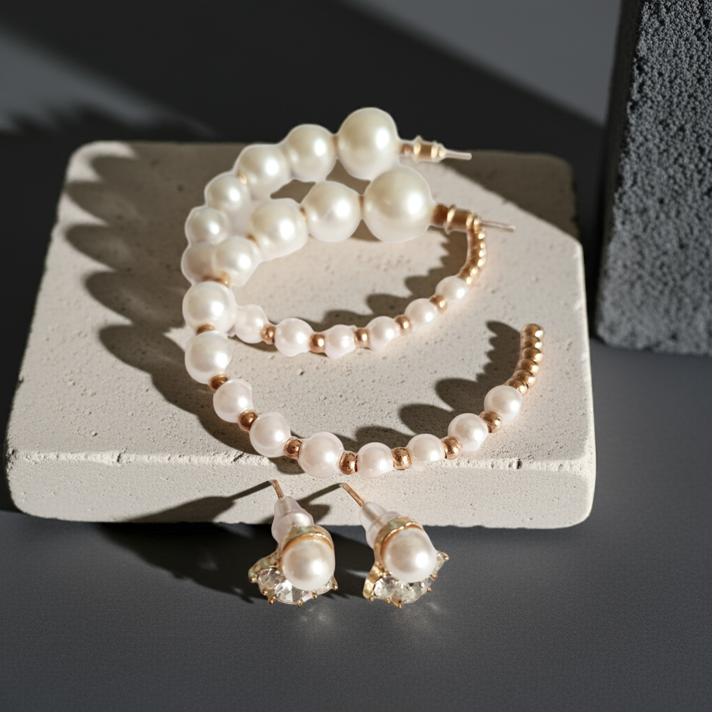 Biżuteria damska RougeBizu – komplet złotych kolczyków z perłami, wkrętki z perełkami, 1,5cm, kolczyki koła hoops średnica 5cm. stal nierdzewna. rouge bizu