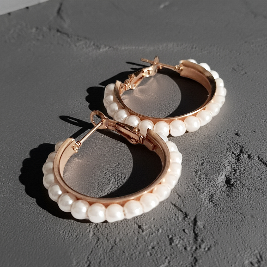 romantyczne i dziewczęce Złote Kolczyki koła ze stali nierdzewnej z perłami- średnica 2,5cm
