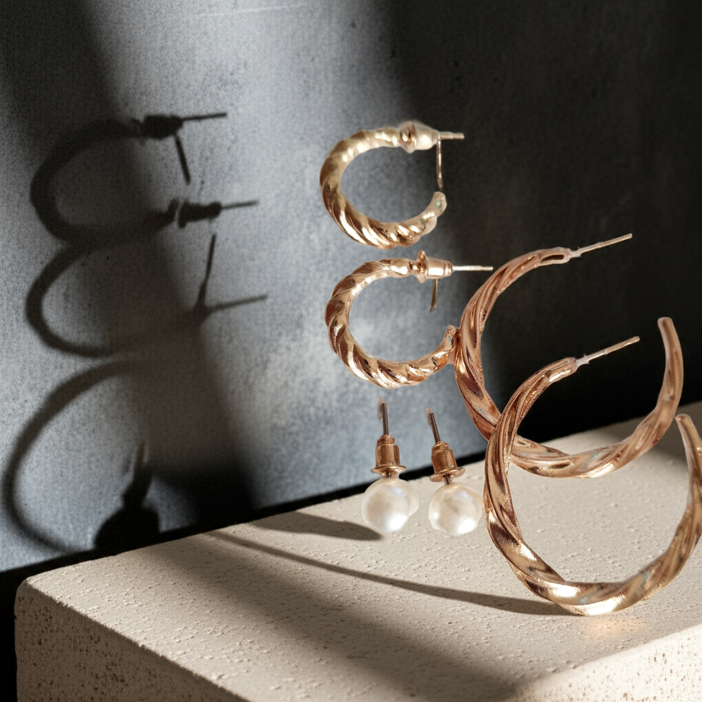 Zestaw kolczyków RougeBizu – skręcane złote koła i wkrętki z perełkami. Stal nierdzewna. Ponadczasowa klasyka i elegancja. rouge bizu.