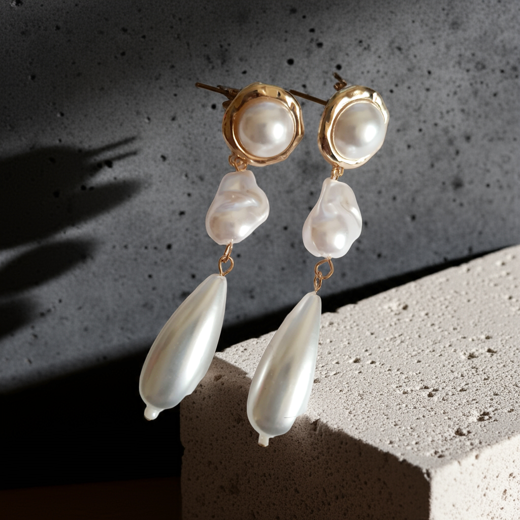 Długie złote kolczyki ze stali nierdzewnej z potrójnymi perłami: okrągłą, nieregularną i kroplą. Styl glamour, klasyczna elegancja. Długość 9 cm. Rouge Bizu.