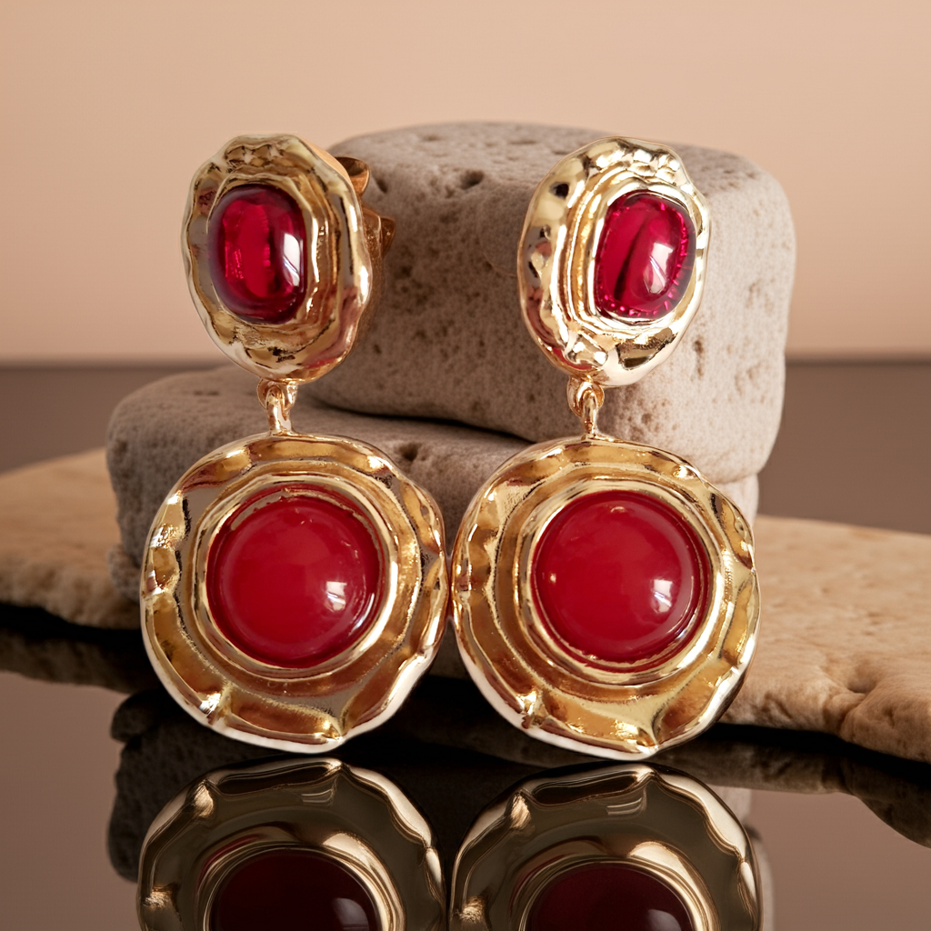 Wiszące kolczyki złote z czerwonym oczkiem w stylu vintage, stal nierdzewna, wodoodporne i hipoalergiczne | RougeBizu
