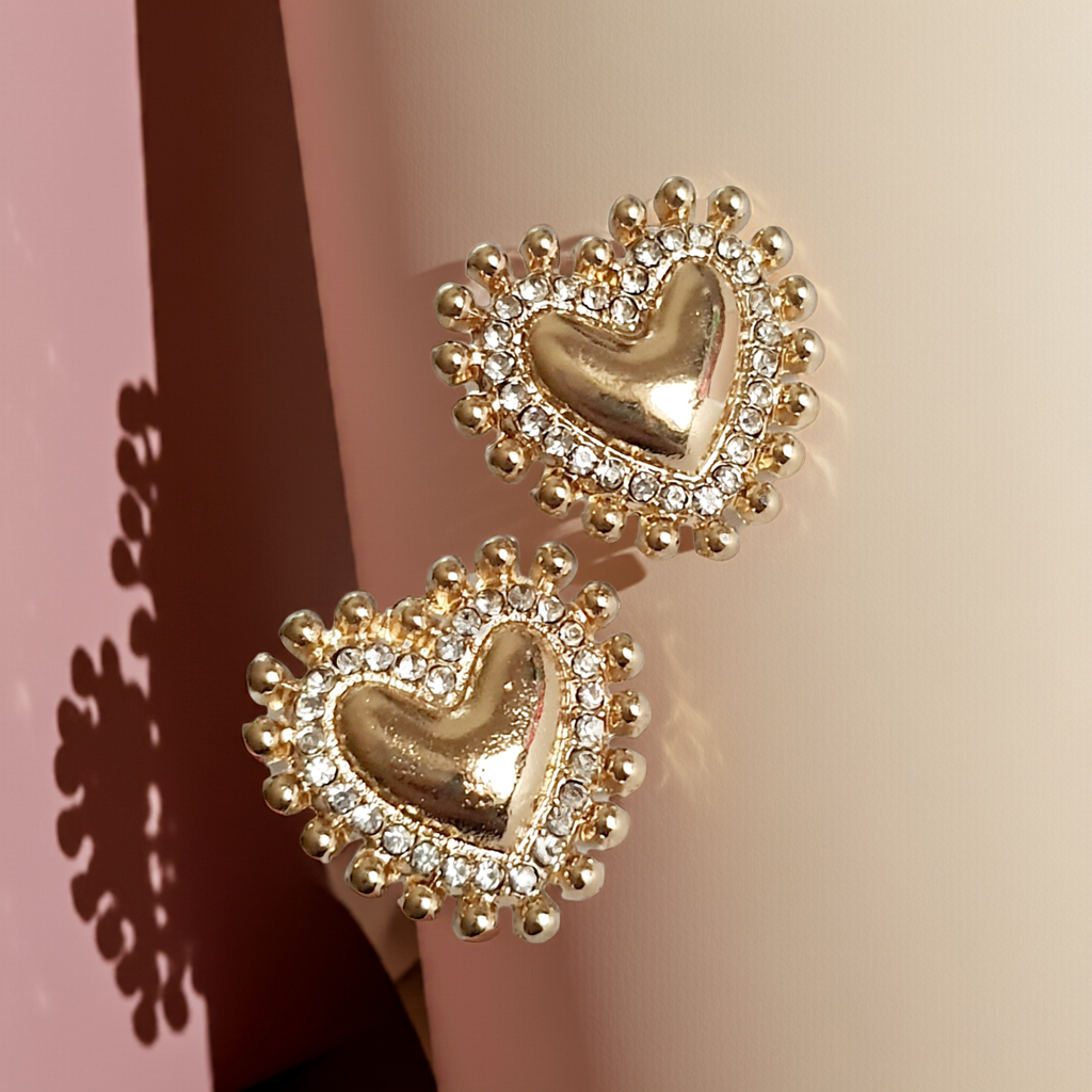 Złote kolczyki w kształcie serca z cyrkoniami w stylu ex voto, z cyrkoniami
