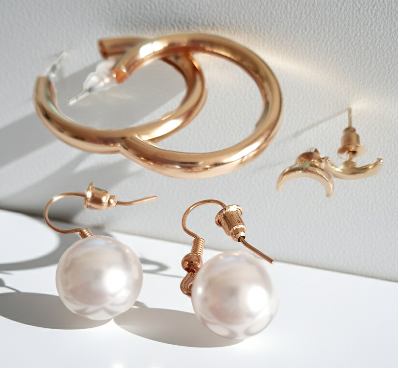 Stylowy zestaw trzech par kolczyków, który pozwala tworzyć różnorodne stylizacje – od minimalistycznej elegancji po delikatny romantyzm. stal nierdzewna. klasyczne kółka, wiszące perełki i wkręty z księzycem. rouge bizu