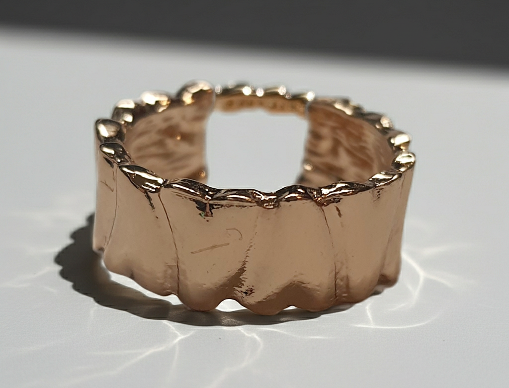 Złoty pierścionek ze stali nierdzewnej o szerokiej, falowanej strukturze w stylu minimalistycznym. Regulowany model, rozmiar 16 mm. stal chirurgiczna, stal nierdzewna, wodoodporne, hipoalergiczne, jakość premium, RougeBizu.