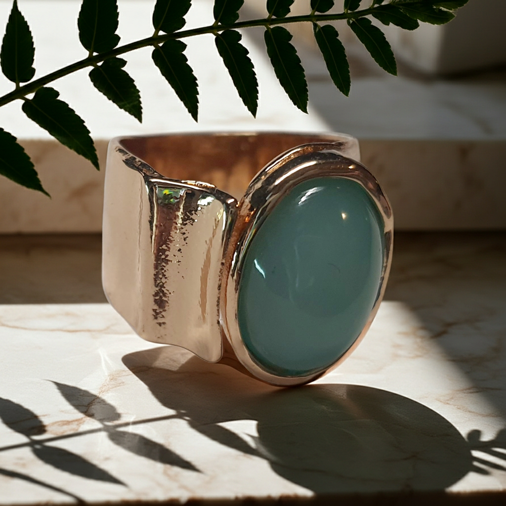 Złoty pierścionek ze stali nierdzewnej z owalnym kamieniem w kolorze morskiej zieleni, o nieregularnej formie w stylu artystycznym i retro. Rozmiar 16 mm. stal chirurgiczna, stal nierdzewna, wodoodporne, hipoalergiczne, jakość premium, RougeBizu.