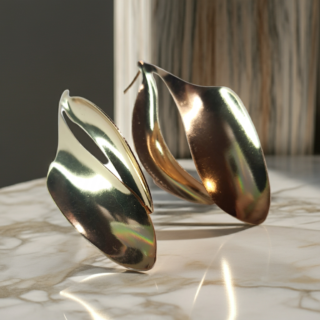 Złote kolczyki w kształcie fal o długości 7 cm, stal chirurgiczna, stal nierdzewna, wodoodporne, hipoalergiczne, jakość premium, nowoczesny artystyczny styl, Rouge Bizu.