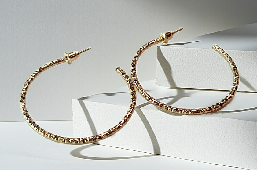 Złote kolczyki koła z delikatnie zdobioną fakturą, średnica 4 cm, stal chirurgiczna, stal nierdzewna, wodoodporne, hipoalergiczne, jakość premium, elegancki styl, Rouge Bizu.