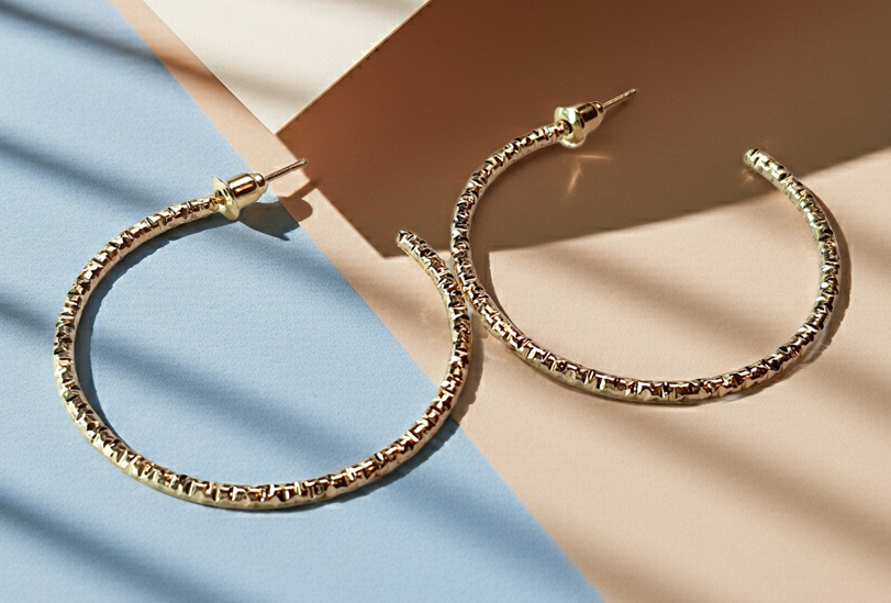 Złote kolczyki koła z delikatnie zdobioną fakturą, średnica 4 cm, stal chirurgiczna, stal nierdzewna, wodoodporne, hipoalergiczne, jakość premium, elegancki styl, Rouge Bizu.