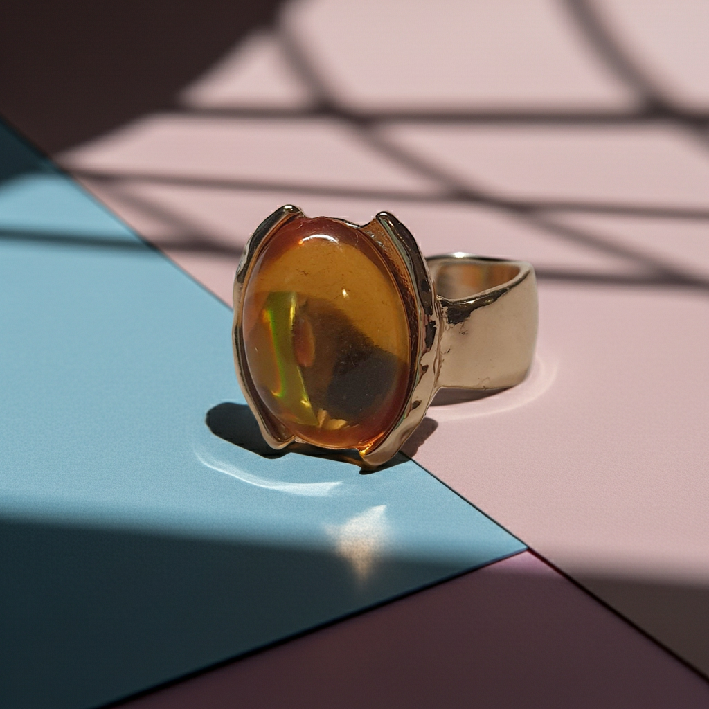 Złoty pierścionek ze stali nierdzewnej z owalnym bursztynowym kamieniem w artystycznej oprawie o nieregularnej formie. Rozmiar 16 mm. stal chirurgiczna, stal nierdzewna, wodoodporne, hipoalergiczne, jakość premium, RougeBizu.