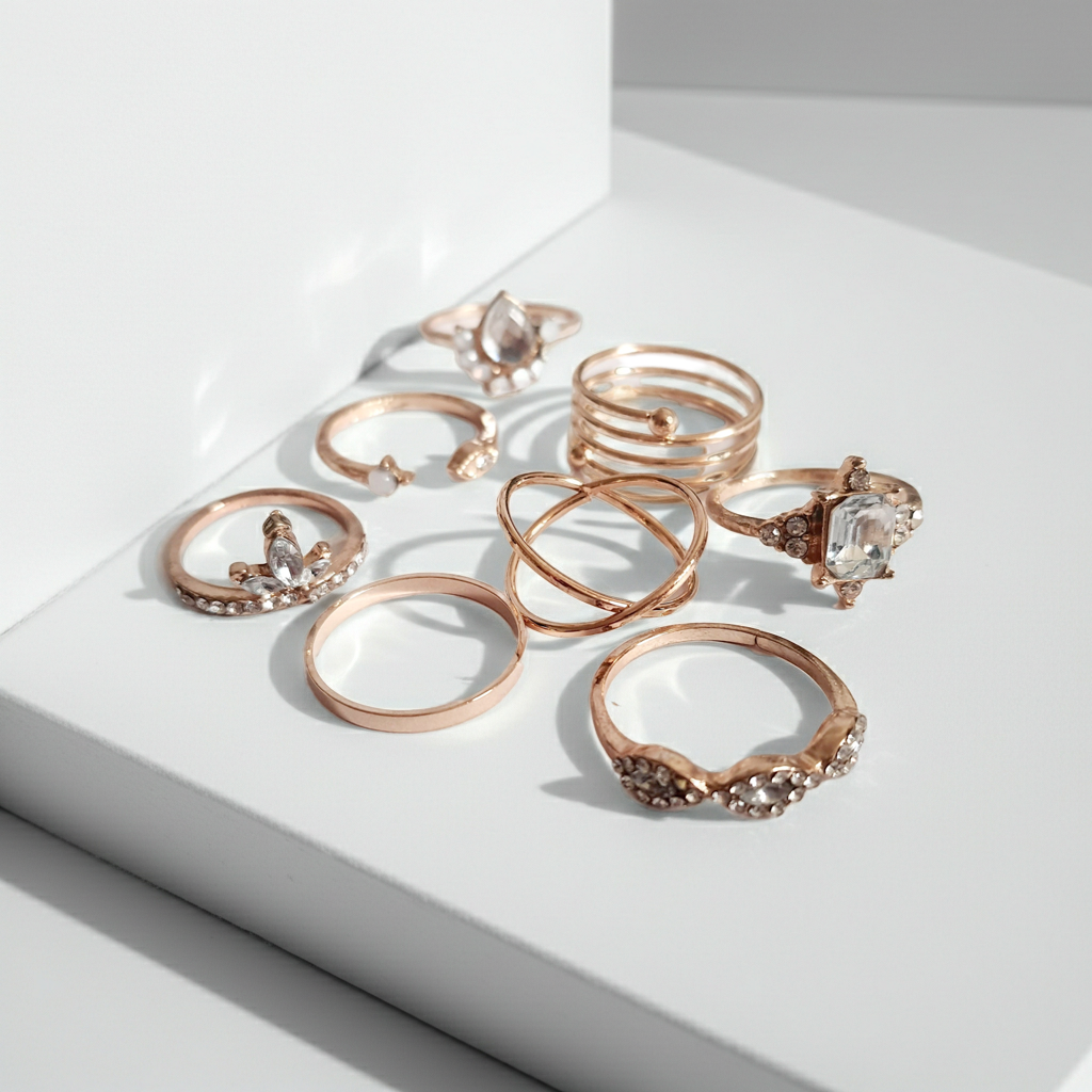 Zestaw 8 złotych pierścionków ze stali nierdzewnej i chirurgicznej, ozdobionych cyrkoniami i kryształkami w stylu glamour i klasycznym, rozmiary od 16 mm do 20 mm. Wodoodporne, hipoalergiczne, jakość premium. Rouge Bizu.