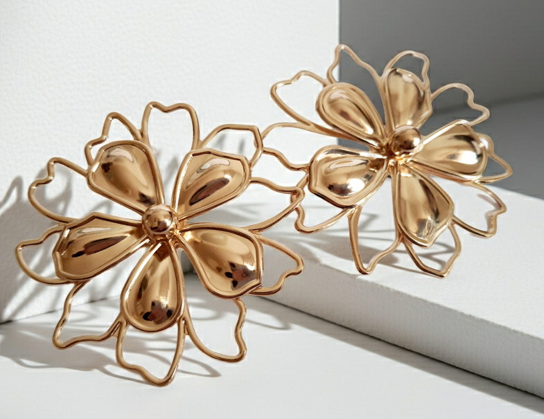 Złote kolczyki w kształcie dużych ażurowych kwiatów, wykonane ze stali nierdzewnej, średnica 6 cm, styl artystyczny, glamour i boho. Rouge Bizu.