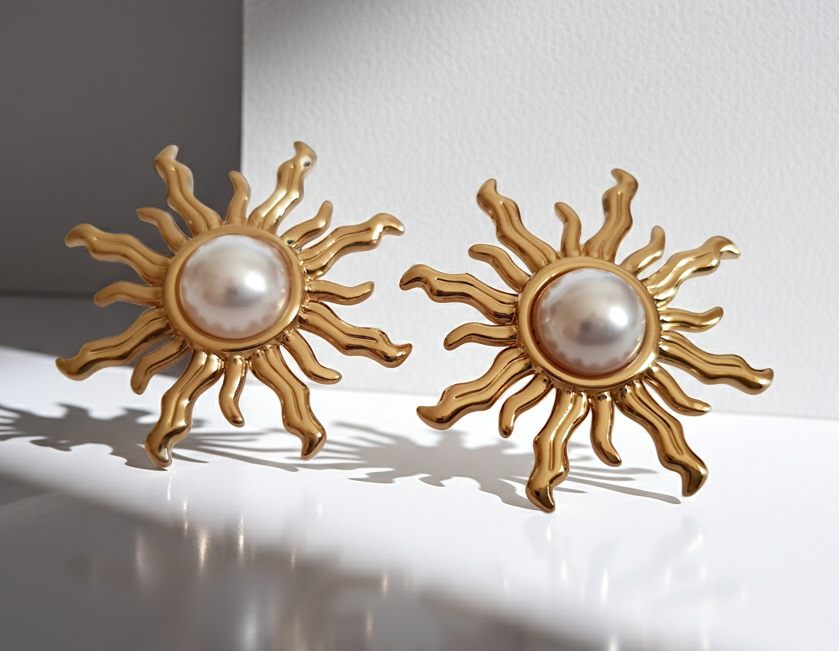 Złote kolczyki ze stali nierdzewnej w kształcie słońca z perłowym środkiem, średnica 3 cm, styl artystyczny i glamour. Rouge Bizu.