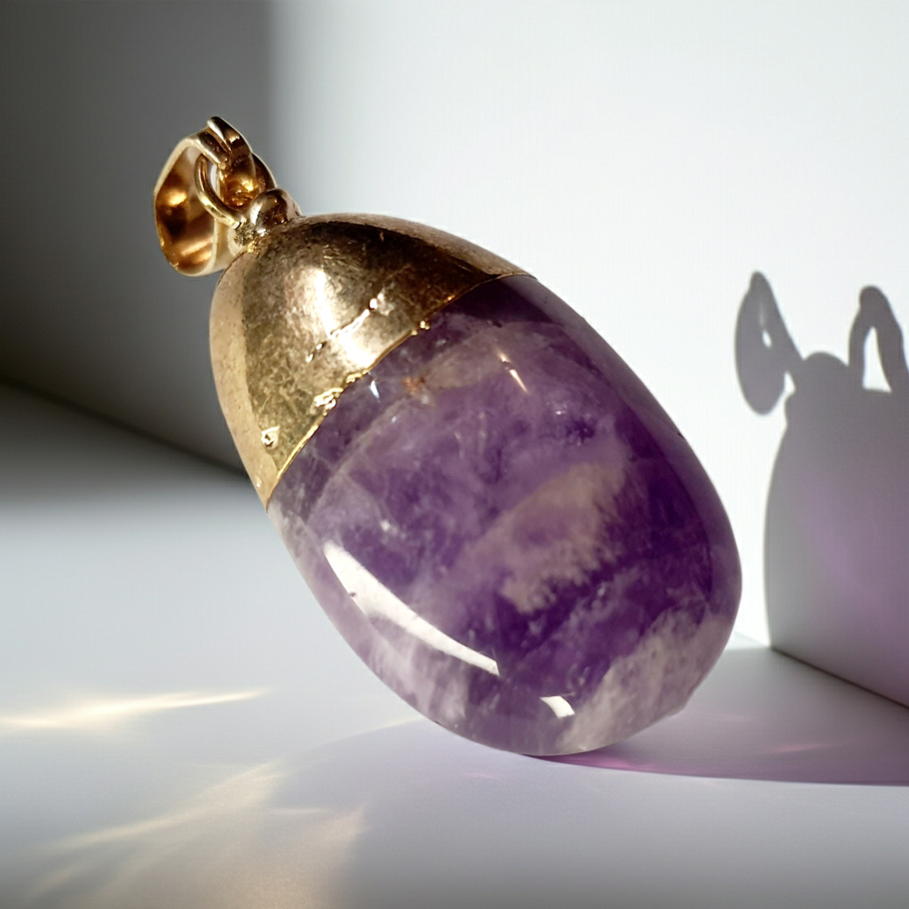 Złoty wisiorek z syntetycznym ametystem o średnicy 3 cm, styl magiczny i elegancki. Stal nierdzewna, stal chirurgiczna, wodoodporne, hipoalergiczne, jakość premium, Rouge Bizu.