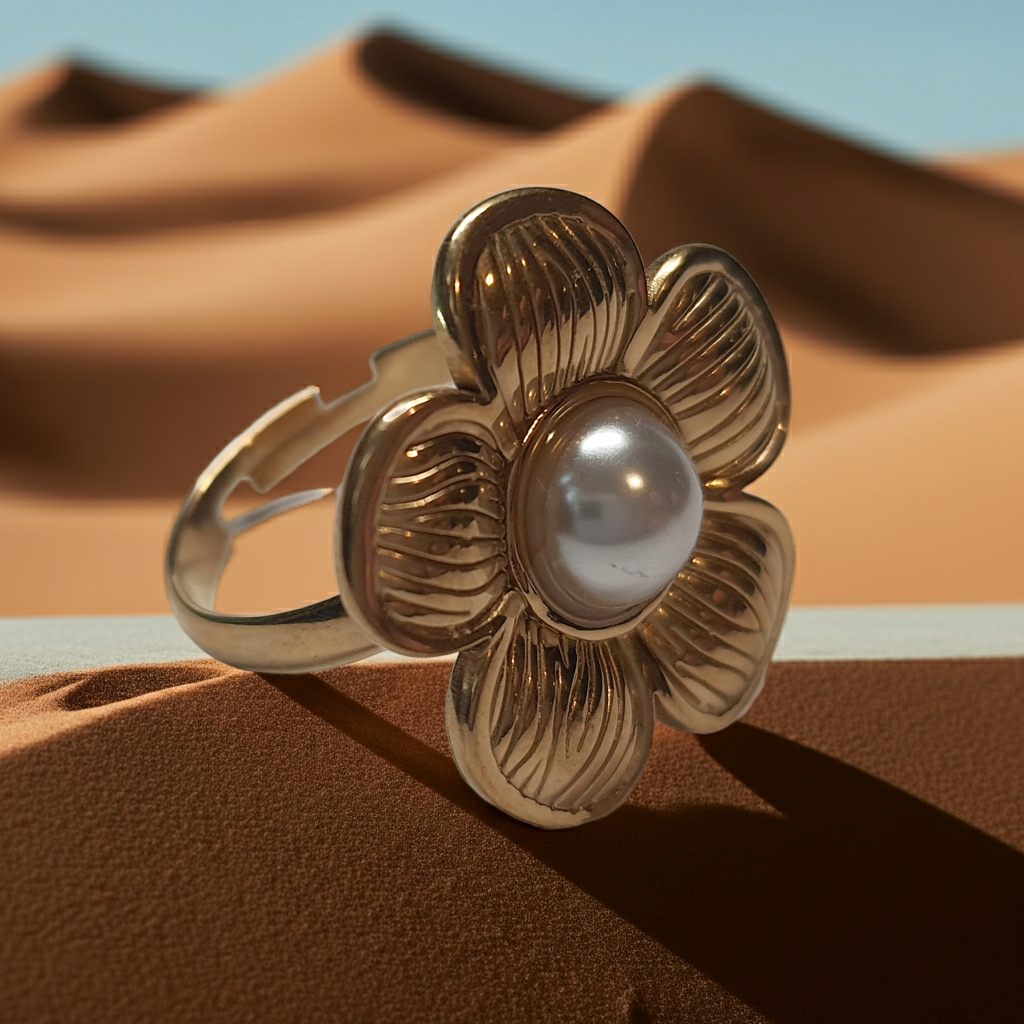 Złoty pierścionek w kształcie kwiatu z białą perłą w centrum, elegancki i kobiecy. Rozmiar 17 mm, regulowany. Stal nierdzewna, stal chirurgiczna, wodoodporne, hipoalergiczne, jakość premium. Rouge Bizu.