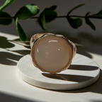Złoty pierścionek z kremowym kamieniem w falującej oprawie, stal chirurgiczna, stal nierdzewna, polerowany, elegancki, minimalistyczny, rozmiar 15 mm, wodoodporny, hipoalergiczny, jakość premium, Rouge Bizu.