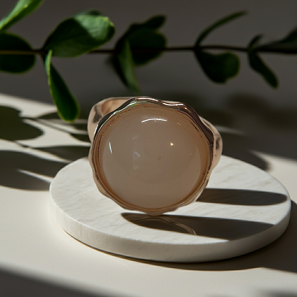 Złoty pierścionek z kremowym kamieniem w falującej oprawie, stal chirurgiczna, stal nierdzewna, polerowany, elegancki, minimalistyczny, rozmiar 15 mm, wodoodporny, hipoalergiczny, jakość premium, Rouge Bizu.