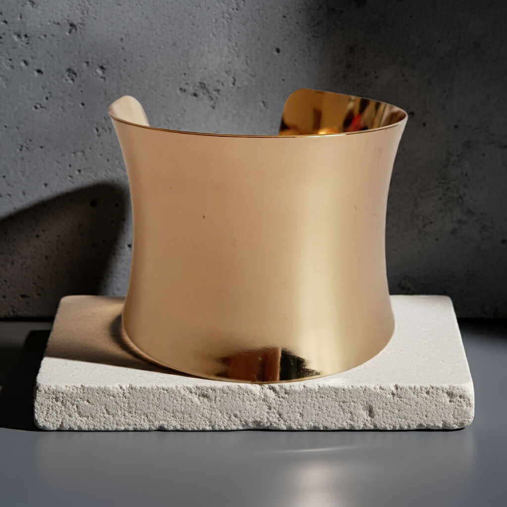 Złota szeroka bransoletka sztywna ze stali nierdzewnej, średnica 6,5 cm z możliwością lekkiej regulacji, minimalistyczny design, elegancka i ponadczasowa biżuteria, Rouge Bizu.