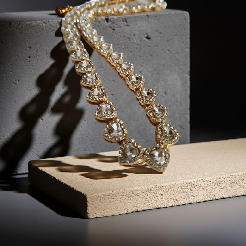 Naszyjnik złoty 45 cm ze stali nierdzewnej, zdobiony sercami z cyrkoniami, romantyczny i elegancki, Rouge Bizu.