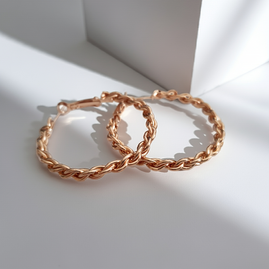 Złote kolczyki plecione hoop ze stali nierdzewnej / chirurgicznej, lekkie koła o średnicy 3,5 cm z efektem skręcanego łańcuszka, elegancka biżuteria w stylu vintage.

