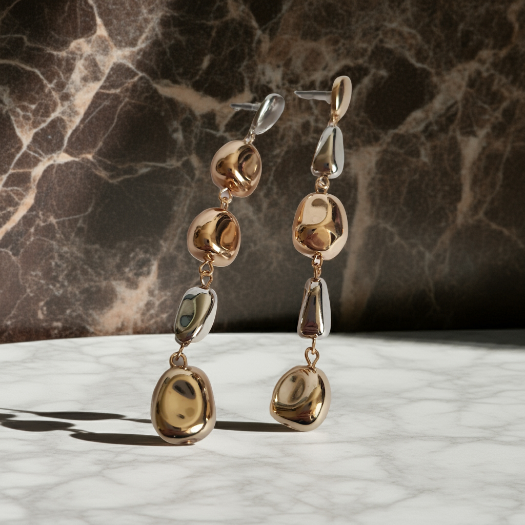 Długie kolczyki 9 cm ze stali nierdzewnej, w kolorze złotym i srebrnym, złożone z nieregularnych lśniących elementów, eleganckie i nowoczesne, Rouge Bizu.