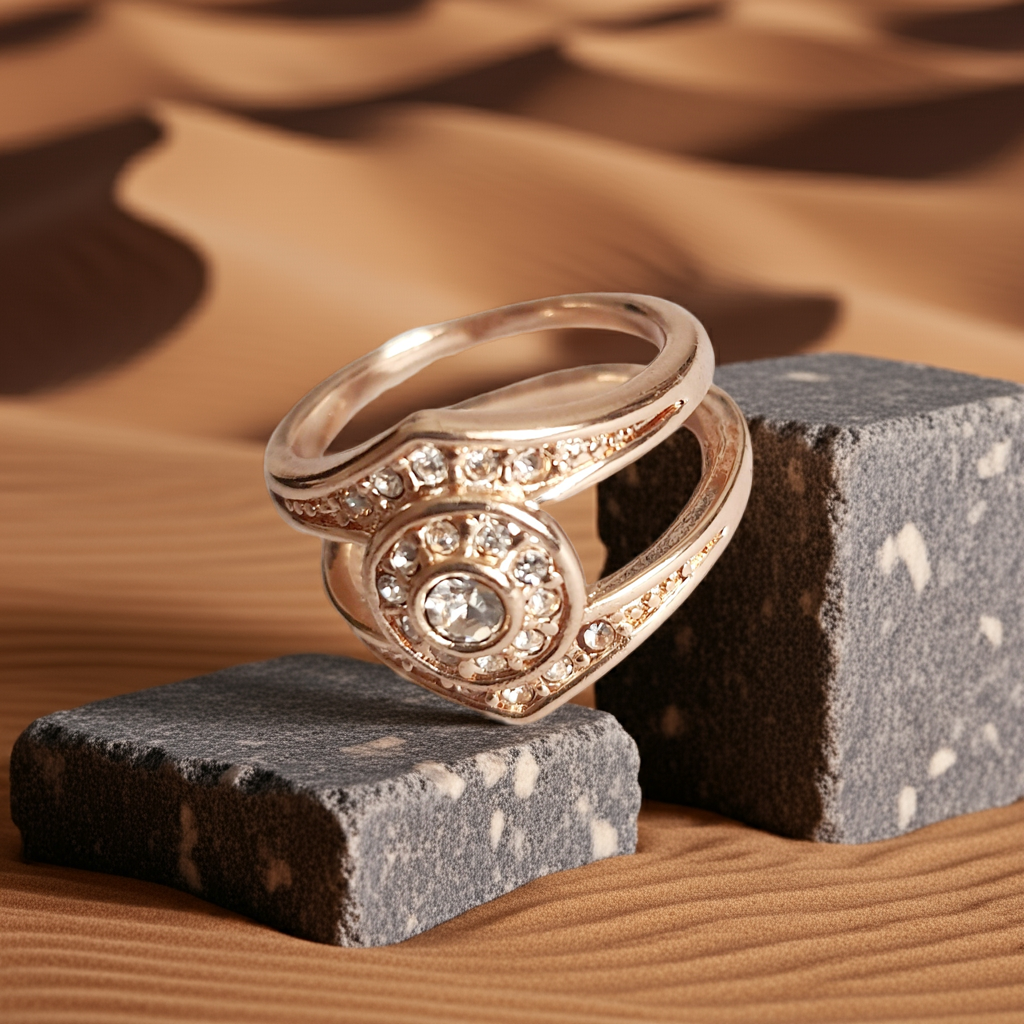 Złoty pierścionek ze stali chirurgicznej z okrągłym bezbarwnym kryształem w centrum, otoczonym drobnymi cyrkoniami. Podwójna obrączka, klasyczny styl. Rozmiar 16 mm. Rouge Bizu.
