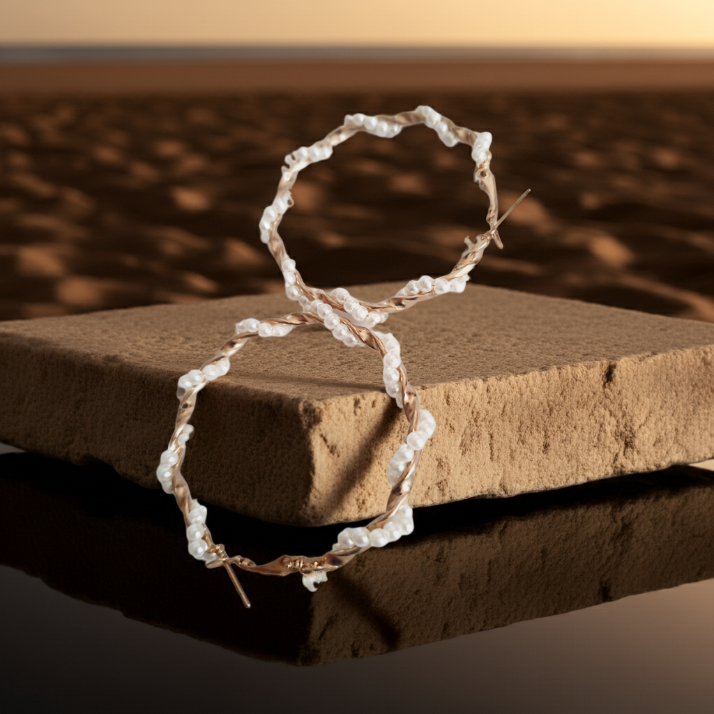 Duże kolczyki koła o średnicy 5 cm wykonane ze złotego, plecionego drutu, ozdobione syntetycznymi perełkami. Styl boho i romantyczny. Stal nierdzewna. Rouge Bizu.
