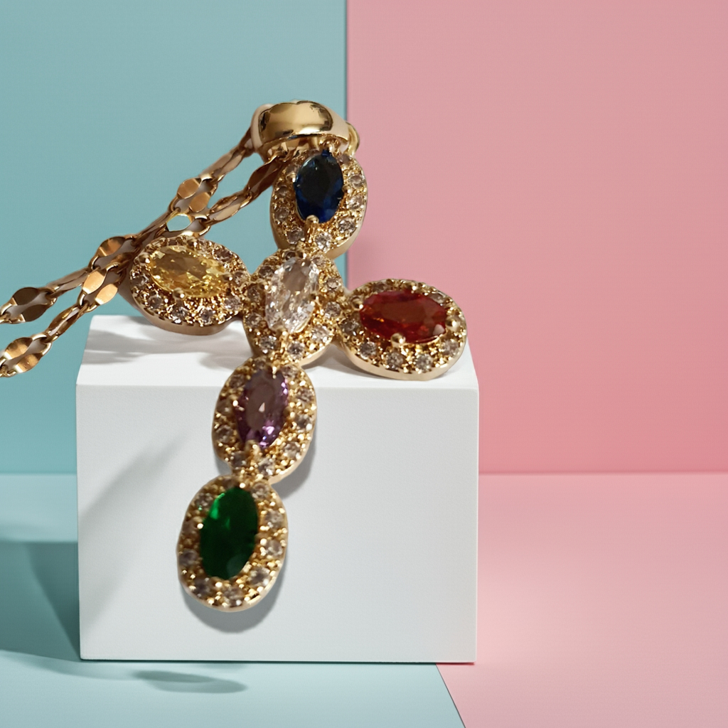 Naszyjnik złoty 40–46 cm ze stali nierdzewnej z krzyżem wysadzanym kolorowymi cyrkoniami w złotej oprawie, Rouge Bizu. #bizuteria #biżuteriapozłacana #stalnierdzewna #stalchirurgiczna #platerowane18k #wodoodporne #hipoalergiczne #retro #vintage  #rougebizu