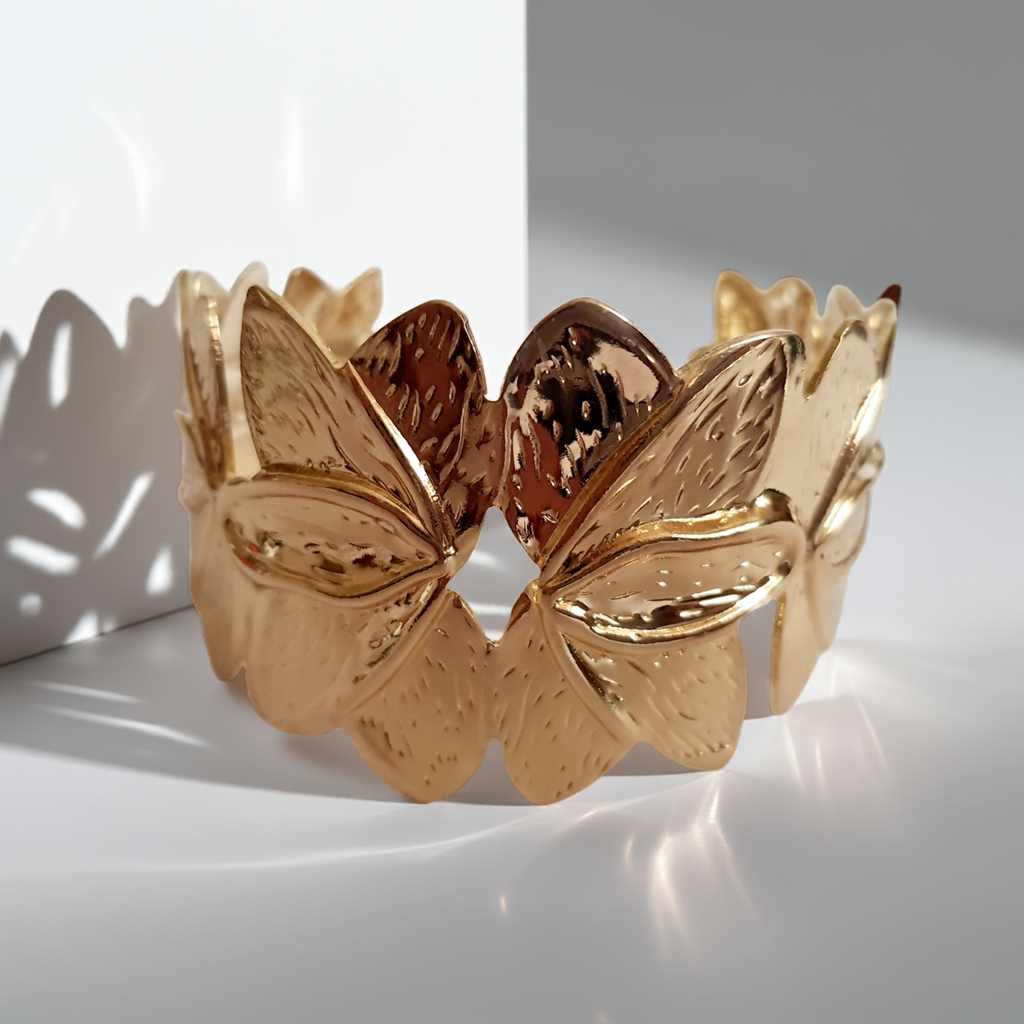 Złota bransoletka ze stali nierdzewnej w formie splecionych liści, inspirowana naturą, elegancka i kobieca, średnica 6 cm. Styl glamour z nutą boho. Rouge Bizu.