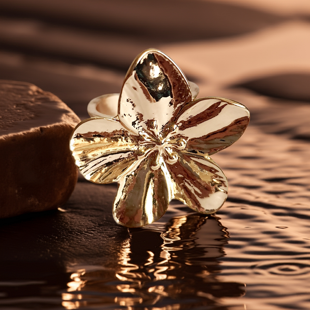 Pierścionek w kształcie dużego złotego kwiatu, błyszczący, rzeźbiony, botaniczny styl, stal nierdzewna, rozmiar 18 mm. Rouge Bizu.

