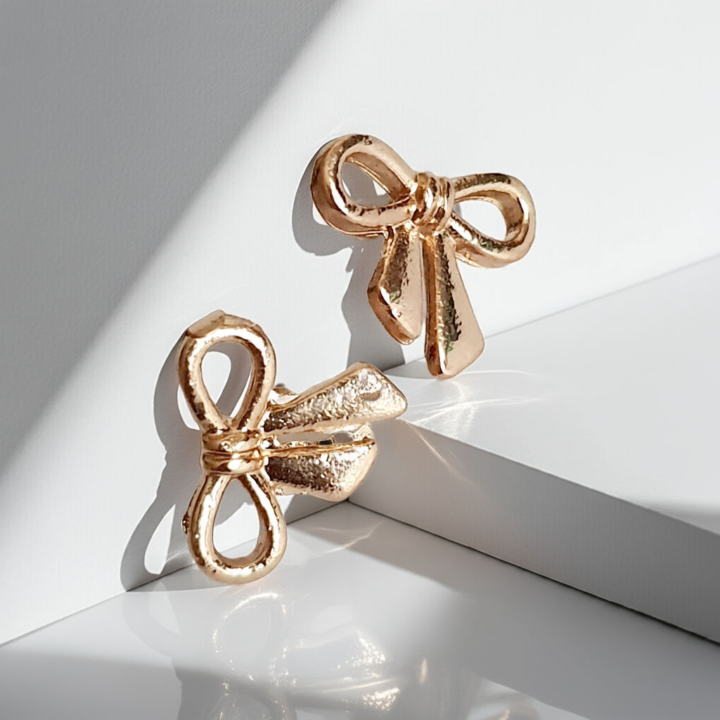 Złote kolczyki kokardki wkrętki, stal nierdzewna, długość 1,5 cm, subtelny romantyczny styl. Rouge Bizu.