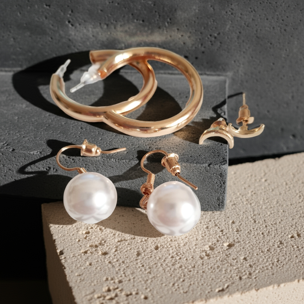 Stylowy zestaw trzech par kolczyków, który pozwala tworzyć różnorodne stylizacje – od minimalistycznej elegancji po delikatny romantyzm. stal nierdzewna. klasyczne kółka, wiszące perełki i wkręty z księzycem. rouge bizu