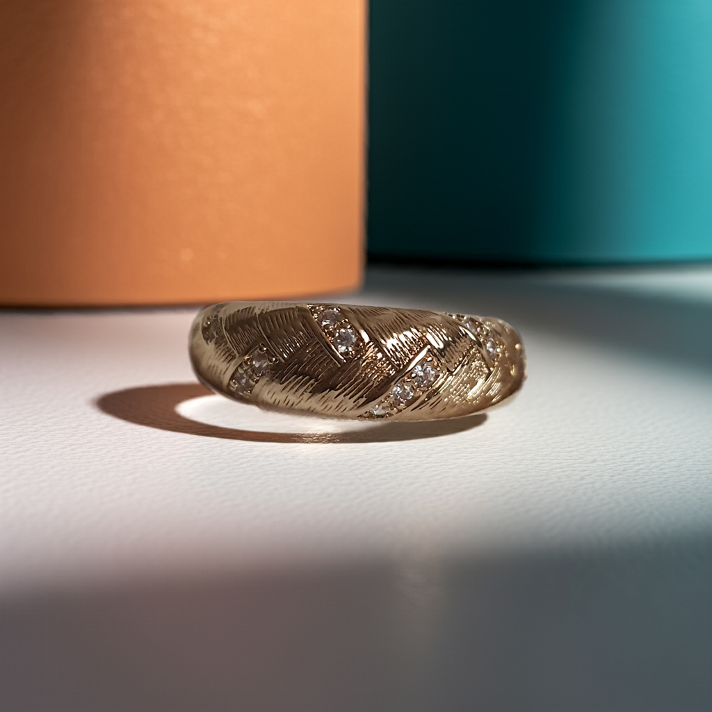 Pierścionek damski ze stali nierdzewnej, rozmiar 19 mm, złoty, fakturowana powierzchnia przypominająca liść z wkomponowanymi cyrkoniami, styl retro glamour, Rouge Bizu.