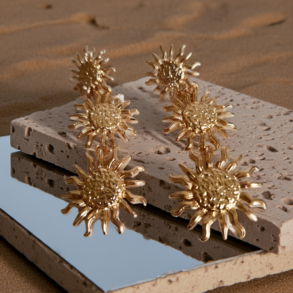 Kolczyki złocone ze stali nierdzewnej, w kształcie dużych słońc z promieniami 3D, długość 6 cm, RougeBizu.