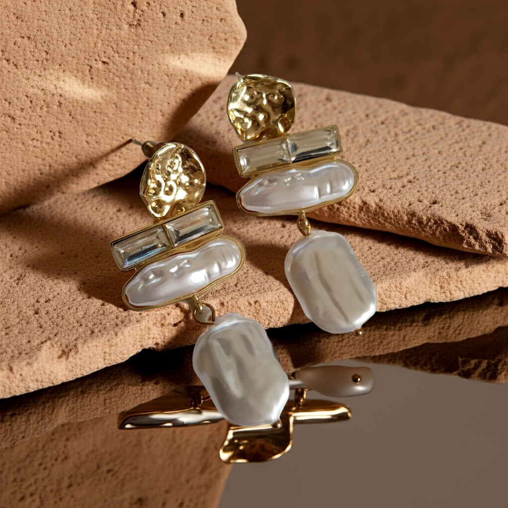 „Złote kolczyki ze stali nierdzewnej o długości 6 cm, zdobione nieregularnymi perłami barokowymi oraz prostokątnymi kryształami, eleganckie i stylowe – Rouge Bizu.”