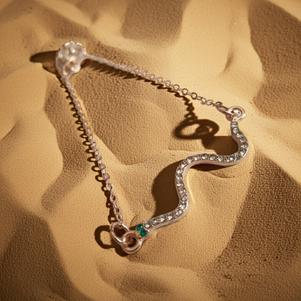 Bransoletka żmijka z cyrkoniami, złota, z zielonymi oczkami węża, długość 20–25 cm. Mistyczna, przyciągająca spojrzenia. Stal nierdzewna. Rouge Bizu.

